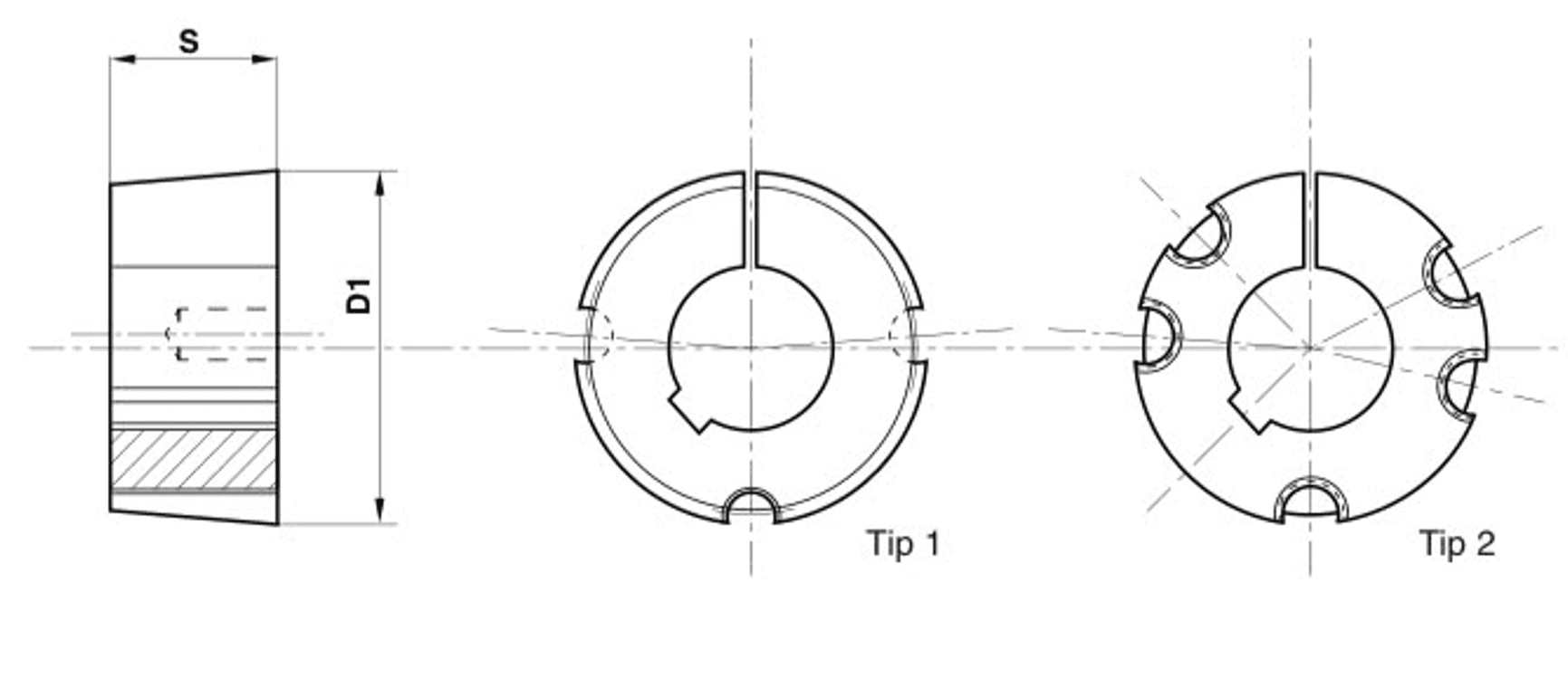 Konik burç teknik çizimi: S ve D1 ölçüleri, Tip 1 ve Tip 2 setiskur yerleşimi